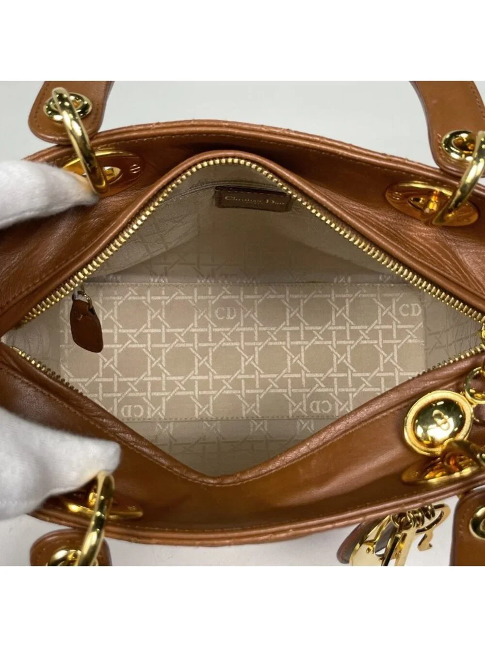 Dior Handbag Lady Cannage 2-Way Leather Brown